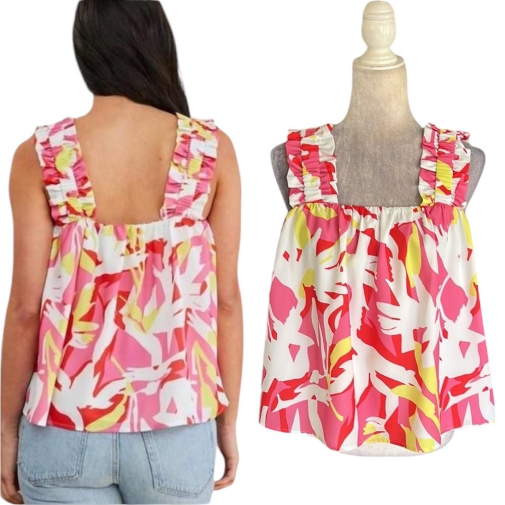 CROSBY by Mollie Burch Danny Cropped Babydoll Tank Top in Pink Tropics - S